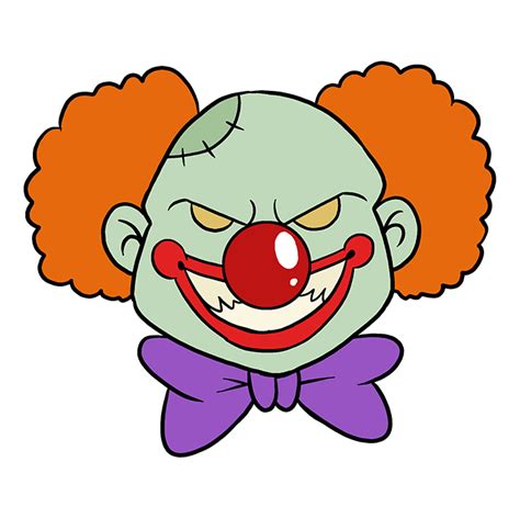 Draw the eyebrows on the clown so it looks like a clown, with makeup on the eyes and fac. . How to draw a scary clown